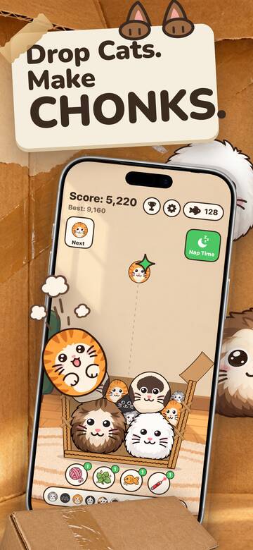 Chonk Drop gameplay: cats piled in a cardboard box